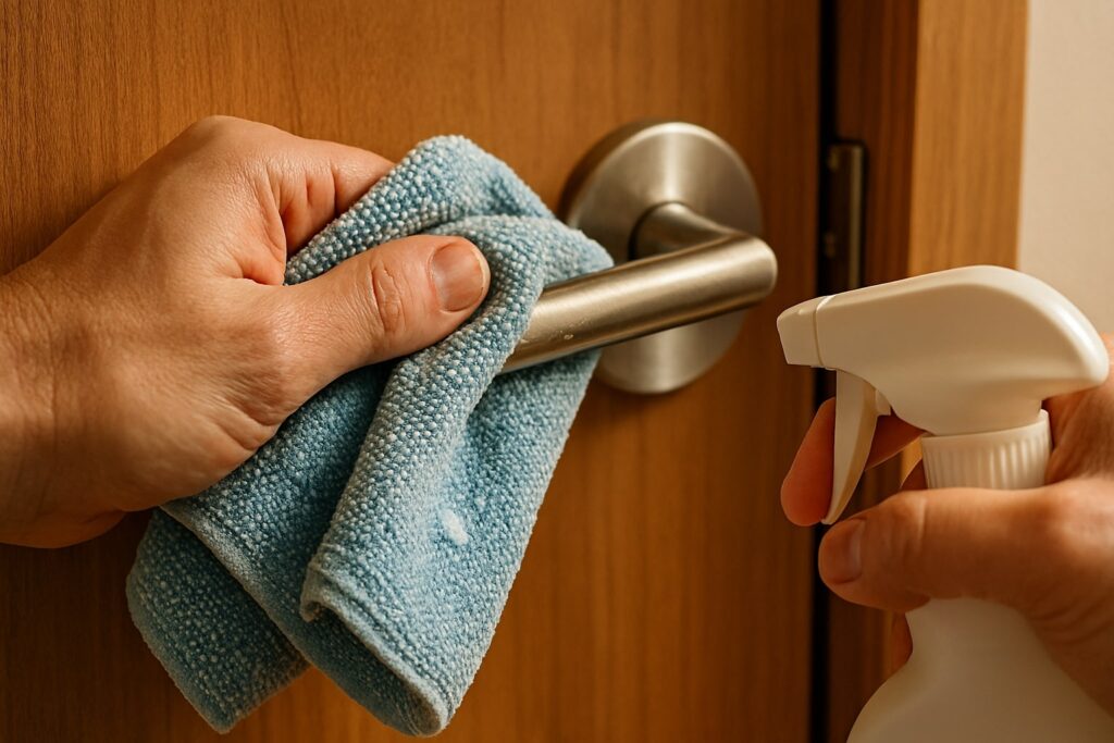 Tangan sedang membersihkan handle pintu dengan kain lembut — langkah sederhana untuk mencegah karat dan menjaga fungsi handle tetap halus