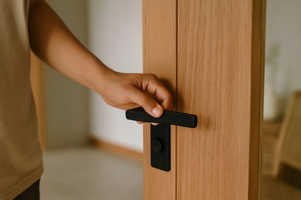 Tangan memegang handle pintu minimalis tipe lever matte black pada pintu interior kayu, gaya modern 2025