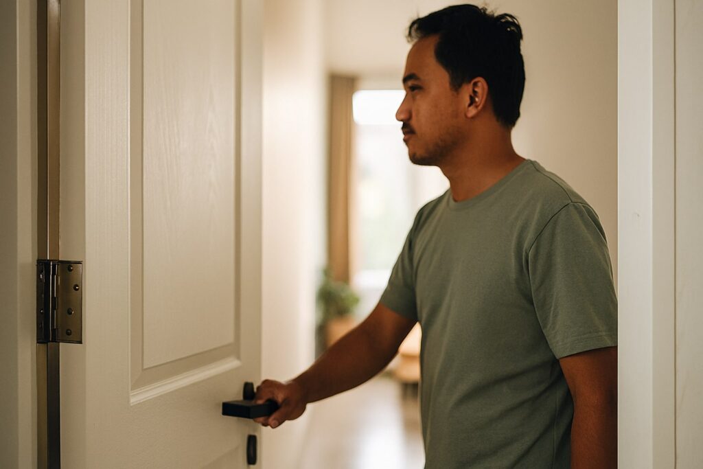 Orang membuka pintu rumah dengan handle lever, engsel pintu terlihat jelas sebagai sumber bunyi derit