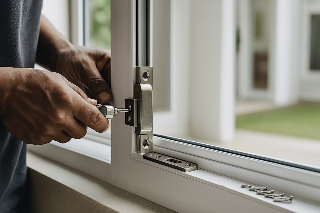 Teknisi menyetel pengunci jendela pada kusen uPVC, posisi lock-keeper presisi dengan self-centering bit dan sekrup stainless