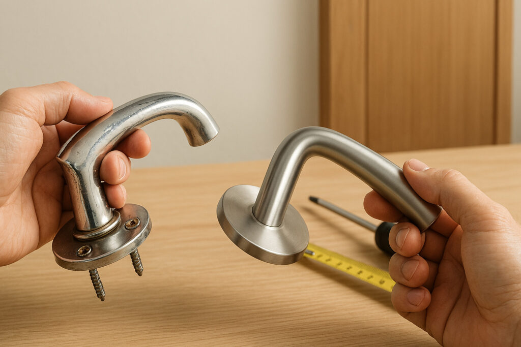 Ilustrasi membandingkan handle pintu murah dan handle stainless steel berkualitas untuk menghindari kesalahan memilih handle pintu