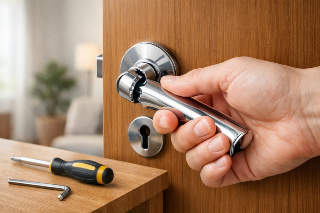 Handle pintu patah di tangan beserta alat obeng sebagai ilustrasi penyebab dan cara memperbaiki handle pintu rusak