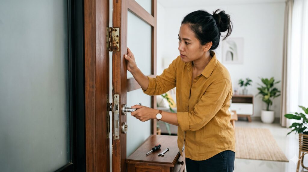 Ilustrasi pemeriksaan handle dan engsel pintu yang menunjukkan tanda aksesoris pintu rusak dan perlu diganti