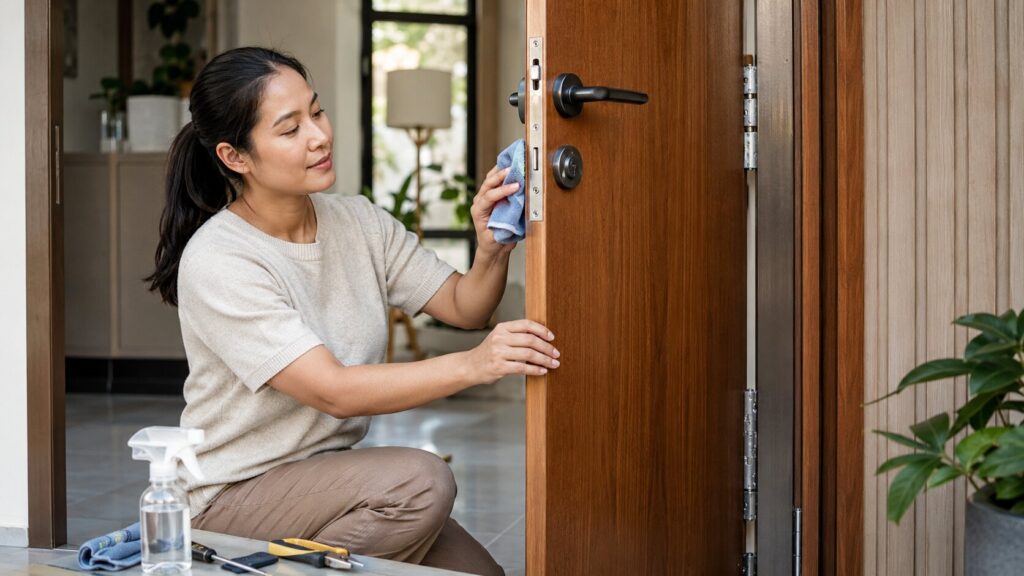 Orang sedang membersihkan dan merawat handle pintu, engsel, dan kunci agar aksesoris pintu tetap awet