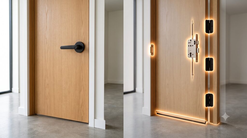 Ilustrasi anatomi bagian pintu rumah yang sering diabaikan, seperti mortise lock, engsel, dan seal.