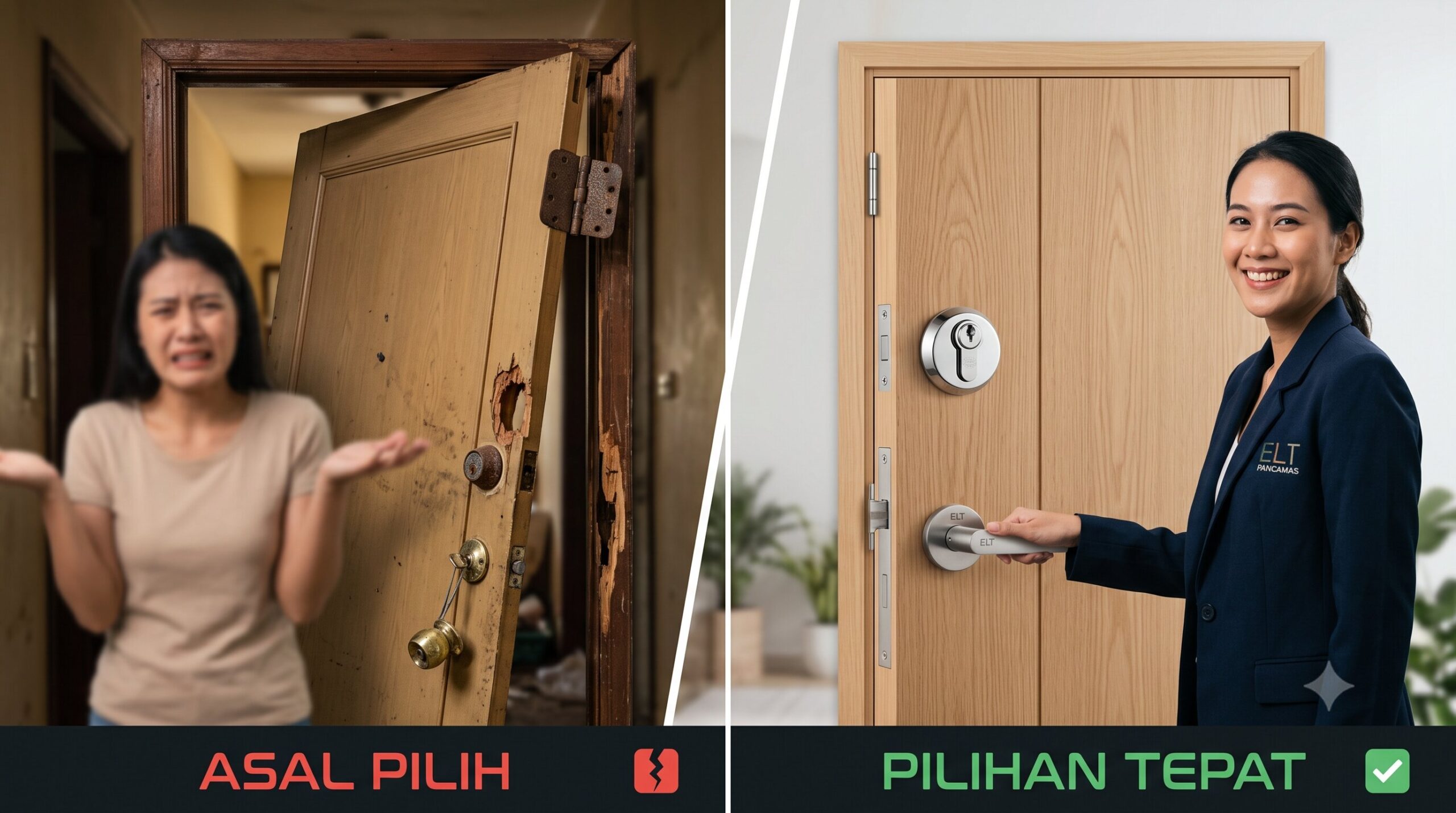 5 Hal yang Perlu Dipertimbangkan Sebelum Memilih Pintu untuk Bangunan 1 Ilustrasi perbandingan antara konsekuensi salah memilih pintu yang mengakibatkan kerusakan dan pintu berkualitas yang memberikan kenyamanan.