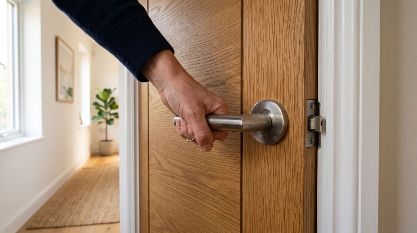 Tangan mencoba membuka handle pintu rumah yang macet dan tidak bisa dibuka karena masalah mekanisme latch
